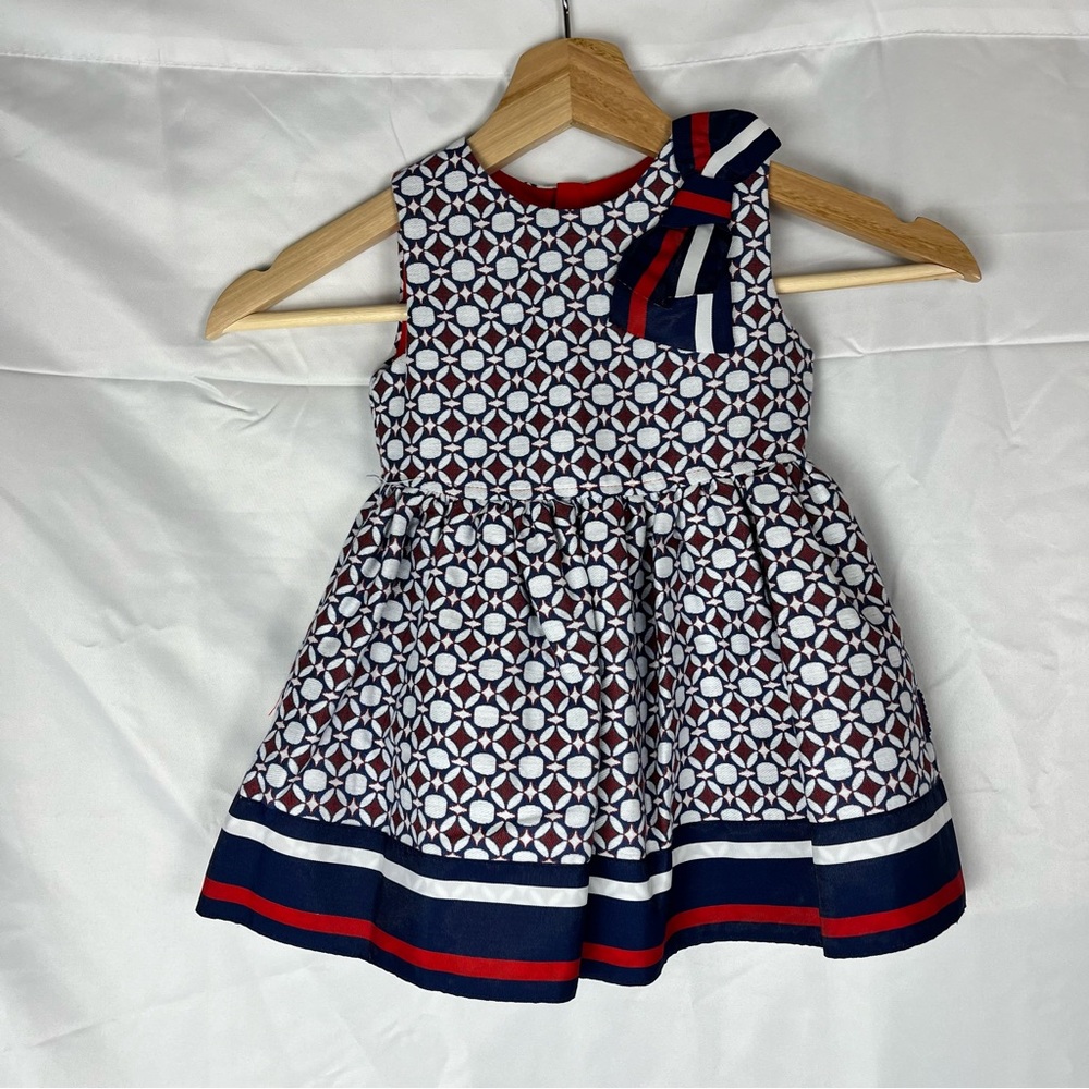 Girls Navy & White Geometric Bow-Accent Formal Dress